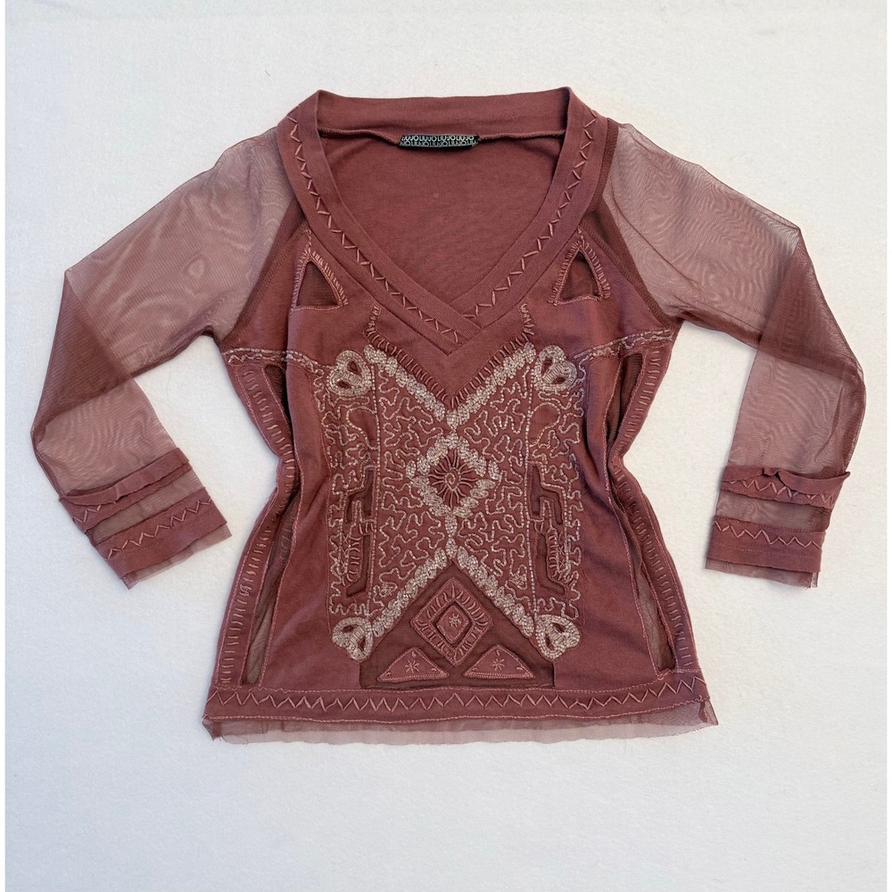VTG Liu Jo Italian Beaded Mesh Top Rust Red Sheer 3/4 Sleeve Whimsygoth M